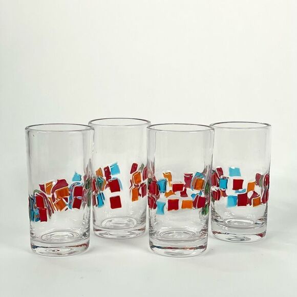 Artland Mosaic Blown Highball Glasses Clear Tile Inlay Multi-color Squares Set 4 - Picture 1 of 6